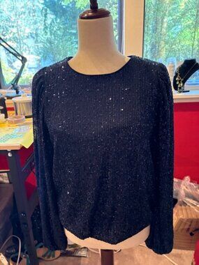 Anthropologie Flat White Sequin Top Navy S NWT